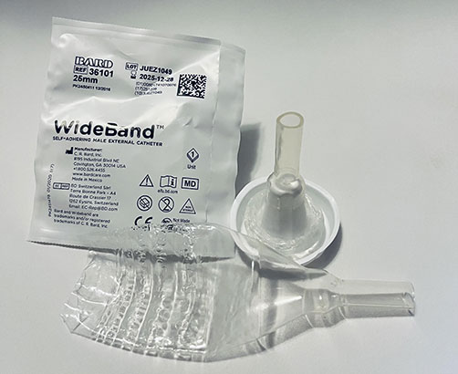Wide Band Male External Condom Catheters 25mm Wide Band External Catheters 25mm Wideband External Condom Catheter (10-pack) by Veteran Medical Supplies online store selling catheters, drainage bags, urinary kits centrally located in Kansas City Missouri shipping to the entire United States